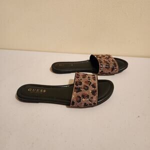 GUESS Sandals Leopard Print Rhinestone Slides size 7.5 Brown Tan Mob Wife Travel